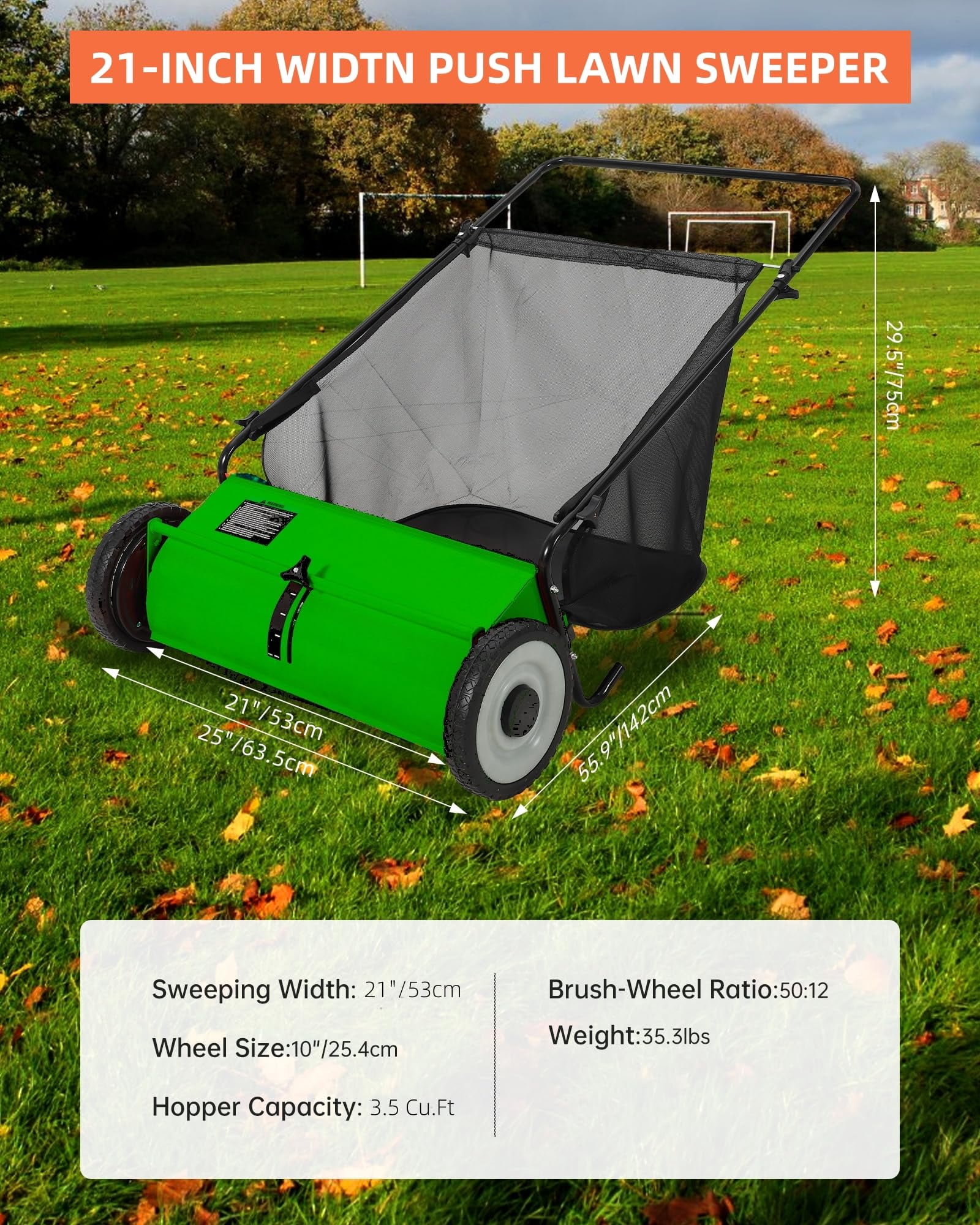 Green 21-Inch Push Lawn Sweeper, 3.5 Cu. Ft. Hopper Capacity Leaf & Grass Collector with 4 Spinning Brushes, Adjustable Height, for Grass Clippings, Leaves & Debris
