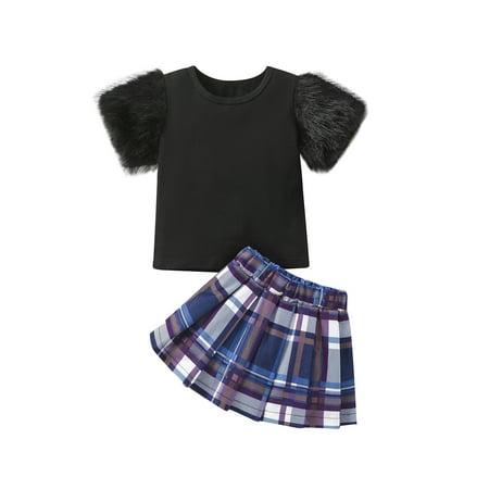 

Bagilaanoe 2Pcs Toddler Baby Girls Skirt Set Plush Short Sleeve T-Shirt Tops + Plaid Pleated Mini Skirt 1T 2T 3T 4T 5T 6T Kids Casual Outfits