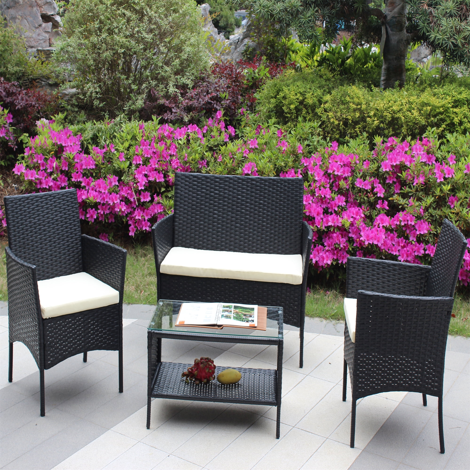Aukfa 4 Piece Rattan Outdoor Patio Conversation Sofa Set with Table & Cushions, Beige