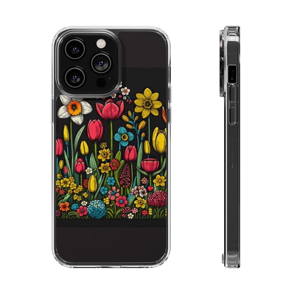 DistinctInk Hybrid (Acrylic / TPU) Clear Slim Fit Case for Apple iPhone 15 Pro MAX (6.7" Screen) - "Blooming Delights: Colorful Spring Flower Patterns"
