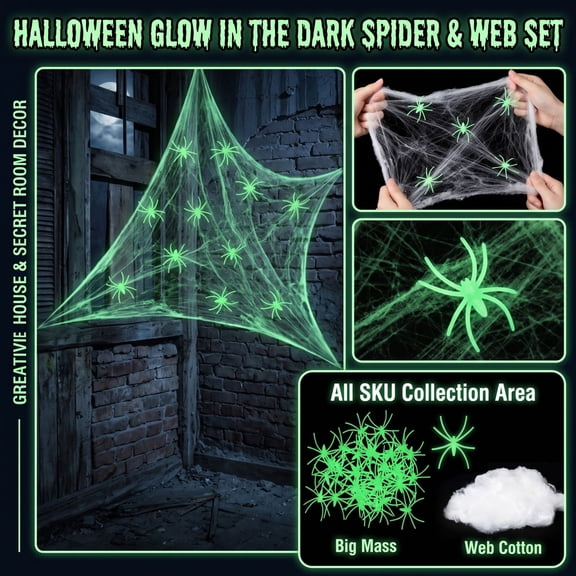 Halloween Spooky Spider Web Decor, Glow in the Dark, 3.5 oz Stretchable Spider Cotton with 20 Pcs Glowing Spiders, for Haunted House Escape Room Party Indoor Outdoor Halloween Decoration