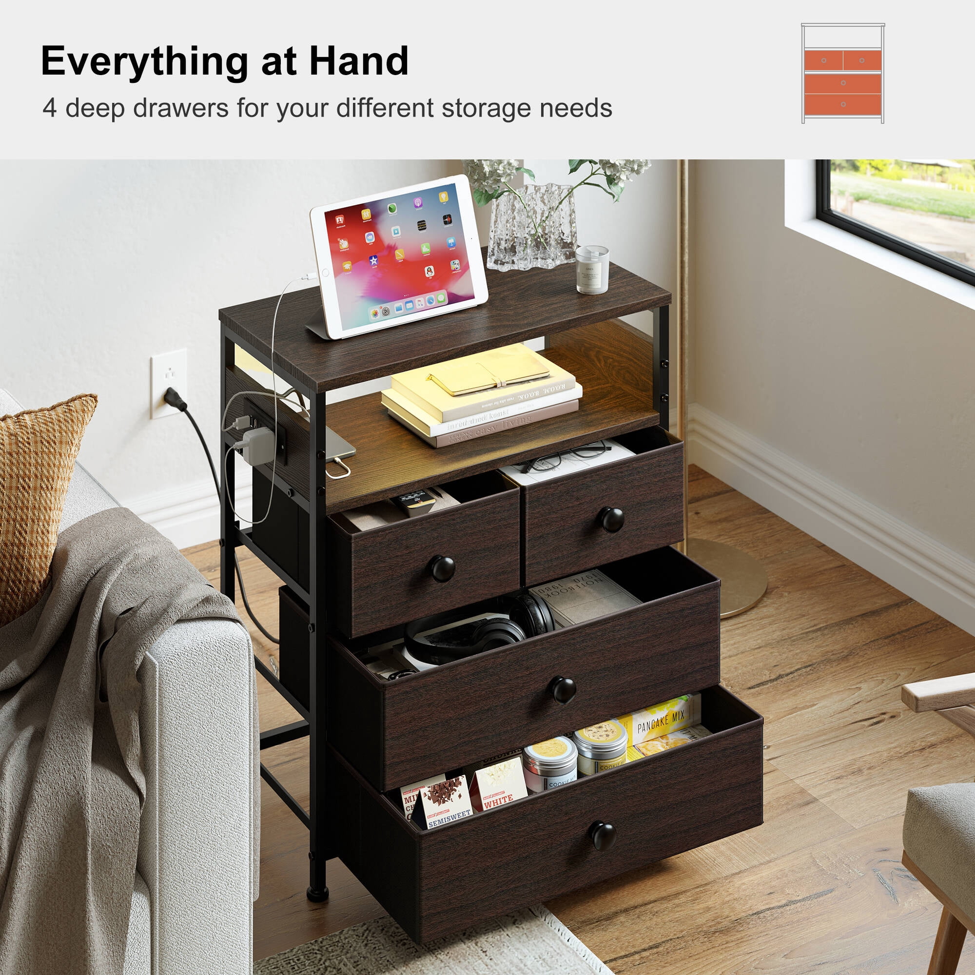GUNAITO Led Nightstand Set of 2 with 4 Drawers Bedside Table with Charging Station Wide End Table with Storage Shelf for Living Room,Brown
