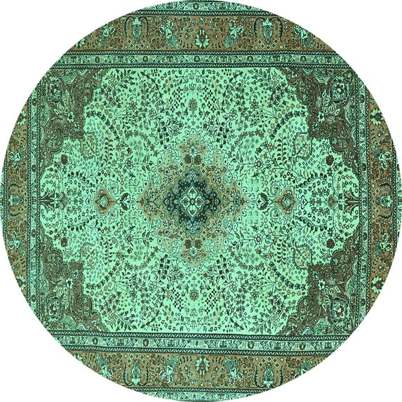 Ahgly Company Machine Washable Indoor Round Persian Turquoise Blue Traditional Area Rugs, 7' Round