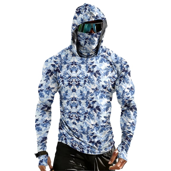 Sun Protection Hoodies for Men with Mask Long Sleeve Fishing Camo Casual Summer Breathable Hooded Shirts, S