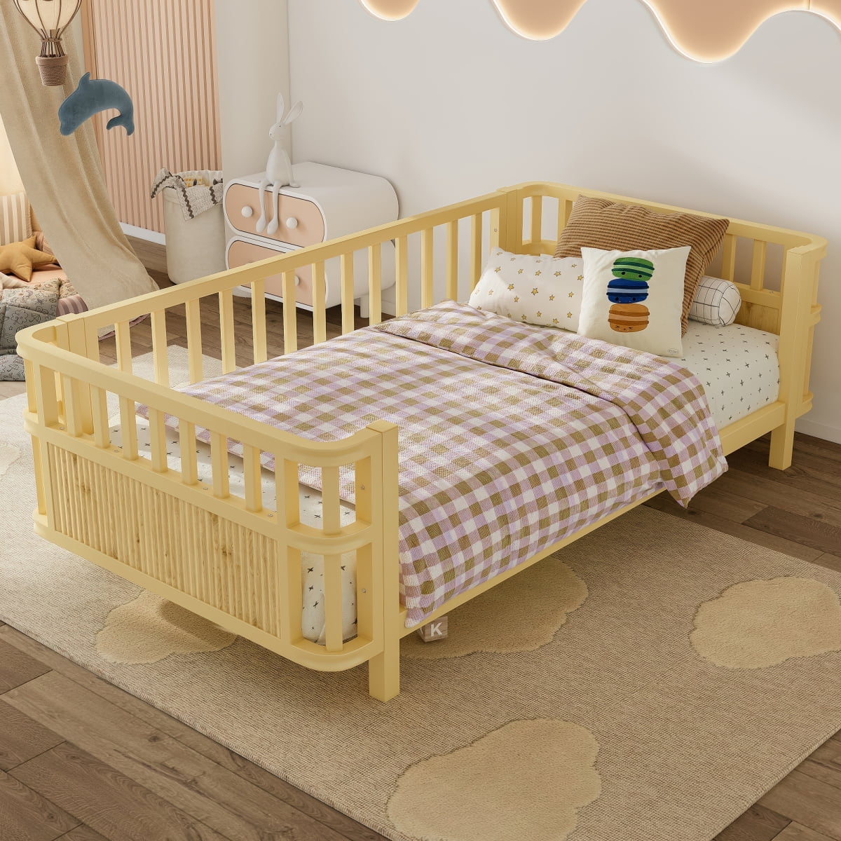 Double wooden platform bed with railings, a low iron double bed with railings, suitable for girls and boys, (Twin,Natural)