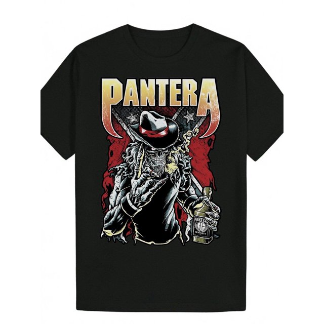 Camiseta negra estampada para hombre - Camiseta informal de algodón de verano con cuello redondo, estampado "Pantera" llamativo, diseño único de estilo western y artístico, lavable a máquina, ropa de