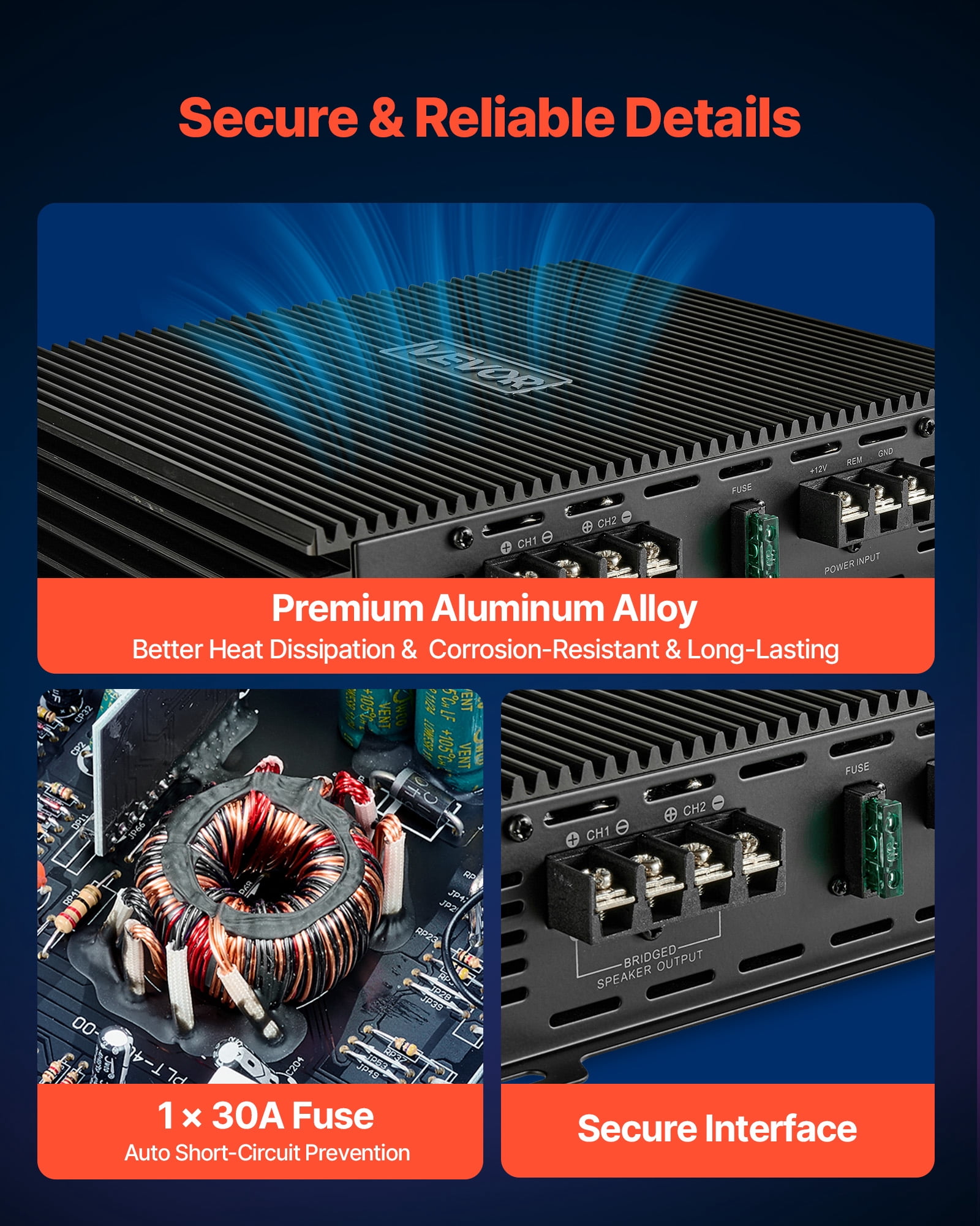 VEVOR 2 Channel Car Audio Amplifier 2 Ohm Stable Bridgeable Class A/B Full Range Stereo Amp Max Power 2 x 300W @ 4 Ohm / 2 x 600W @ 2 Ohm for Car SUV Truck Off-Road