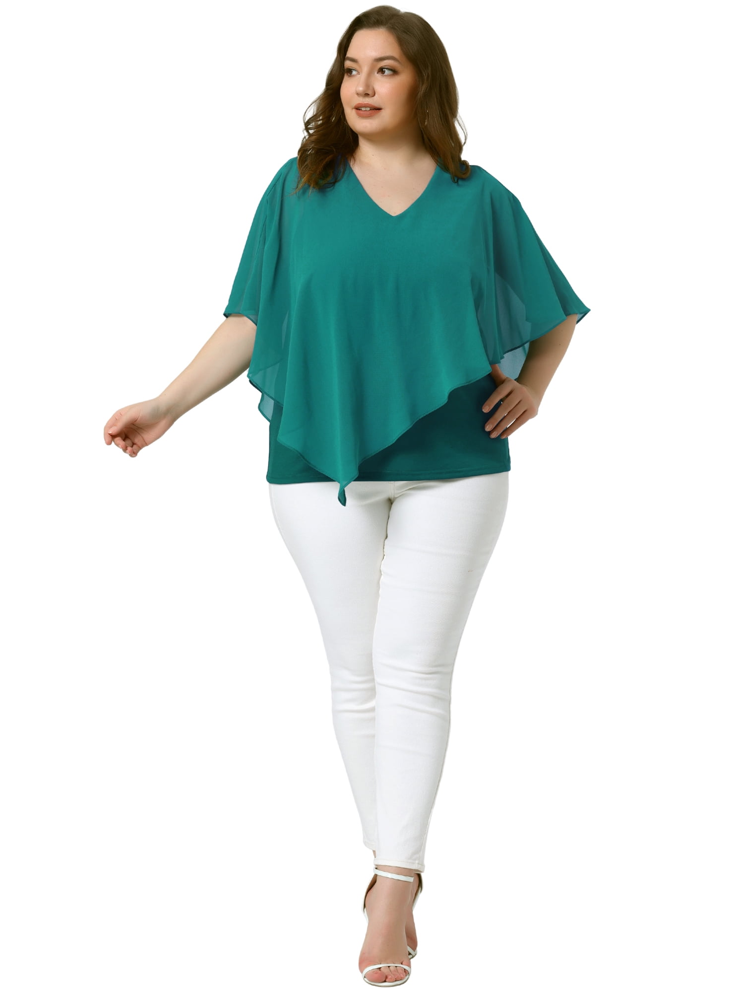 DARING DIVA Women's Plus V Neck Flowy Double Layered Chiffon Blouse 2X Lake Blue