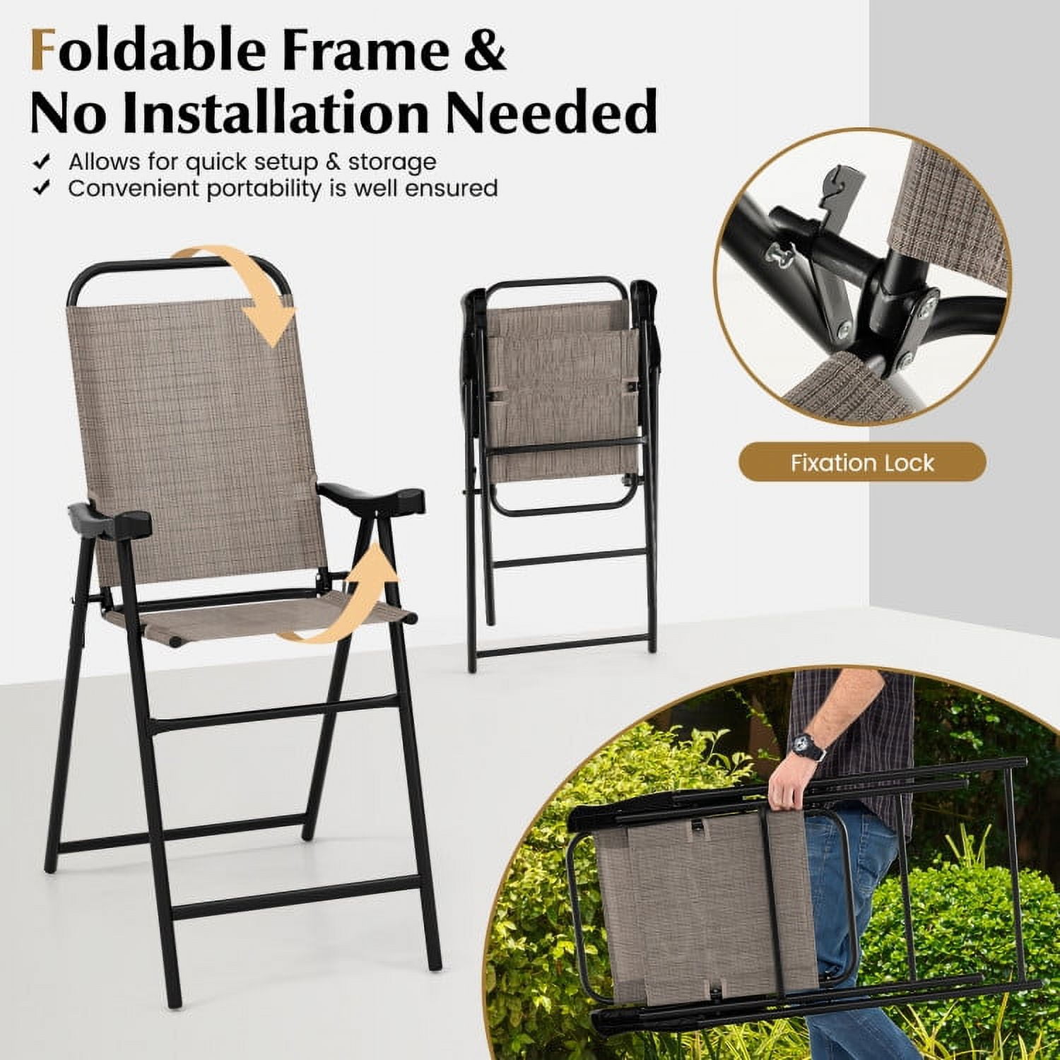 Aimee Lii Patio Folding Bar Stool Set of 4 with Metal Frame and Footrest, Outdoor Patio Furniture, Coffee