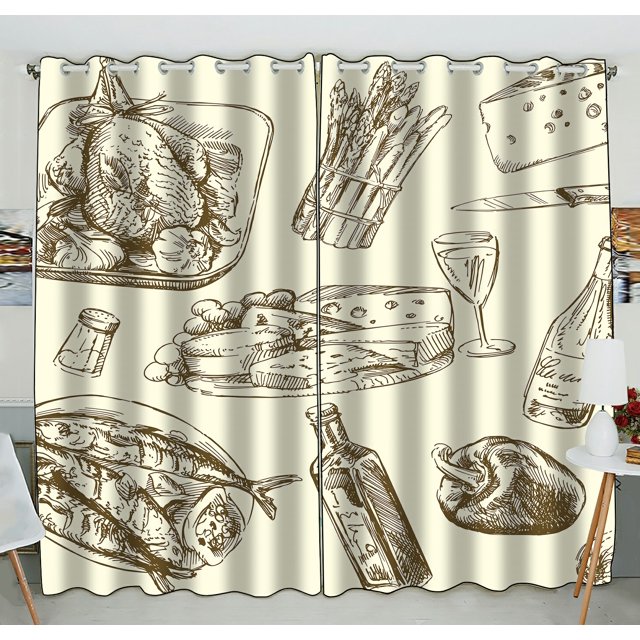 ABPHQTO Patrón de alimentos Cortina de ventana Cortina de cocina Panel de cortinas de ventana 130x210 cm (Dos piezas)