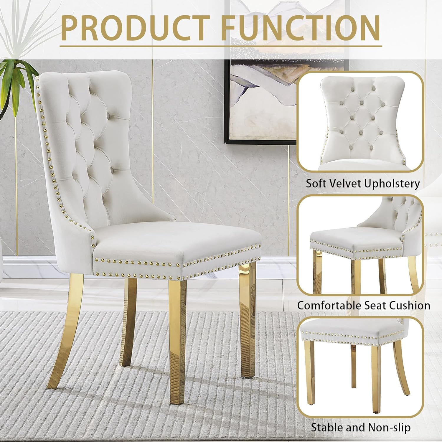 5-Piece Round Dining Table Set, Elegant Floral Stainless Steel Base with 47" Tempered Glass Top, 4 Velvet Tufted Dining Chairs, for Dining Rooms, Apartments
