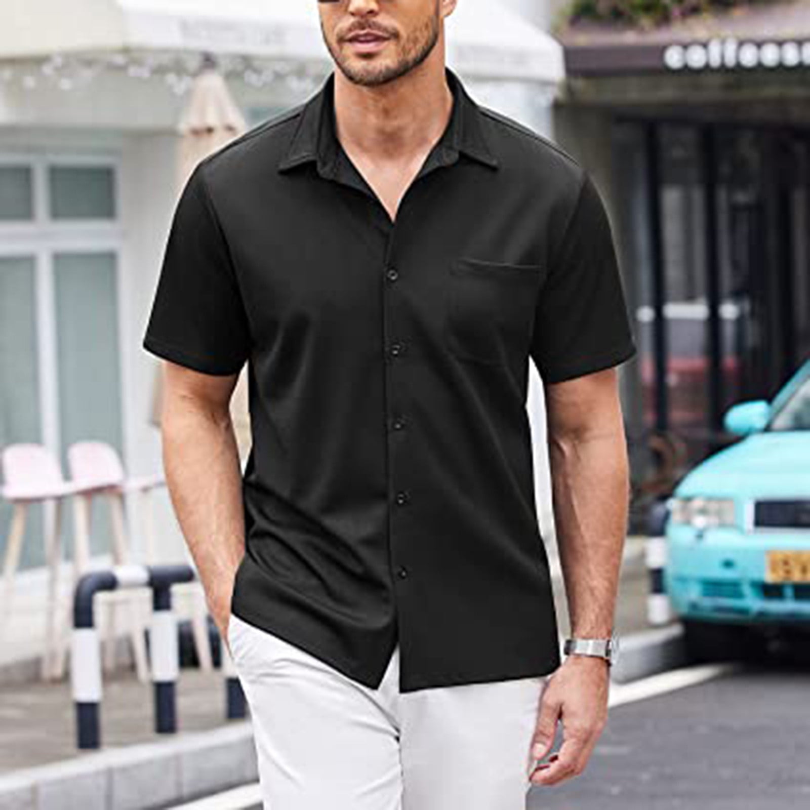 Mens Shirts Men's Casual Button Down Shirts Short Sleeve Regular Fit Beach  Shirt Tops Black XL