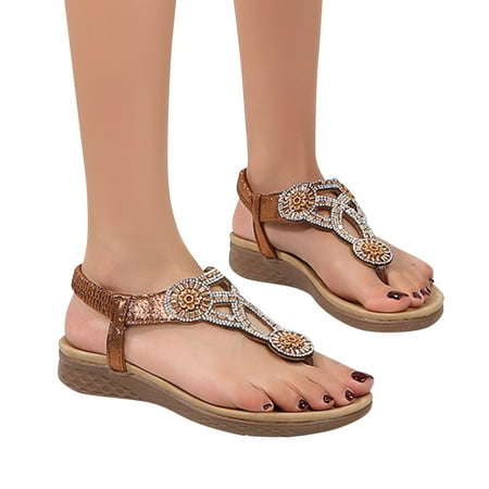 

uikmnh Women Shoes Flats Shoes Women Sandals Comfort With Elastic Ankle Strap Casual Bohemian Beach Shoes Slip On Rhinestone Sandals Women Flats Open Toe Brown 9
