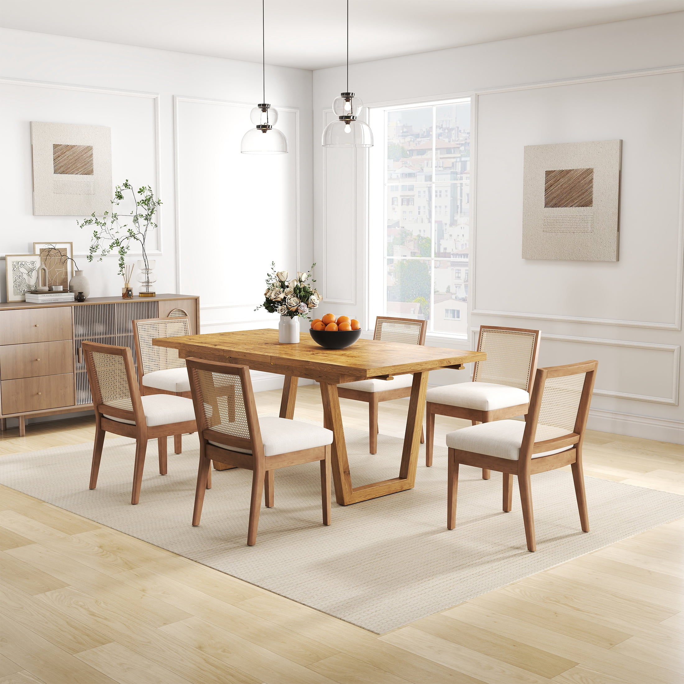 Guyou Farmhouse Rattan Dining Chairs Set of 6, Mid Century Modern Dining Side Chairs with Natural Hardwood Frame, Linen Upholstered French Guyou Kitchen Chairs for Dining Room Bistro, Beige