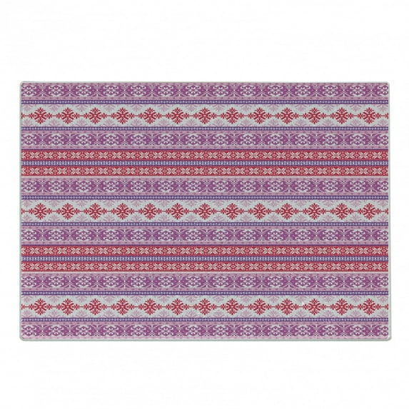 Nordic Cutting Board, Geometric Abstract Snowflake Pattern European Ornamental Knitting Design, Decorative Tempered Glass Cutting and Serving Board, Small Size, Lilac Dark Coral White, by Ambesonne