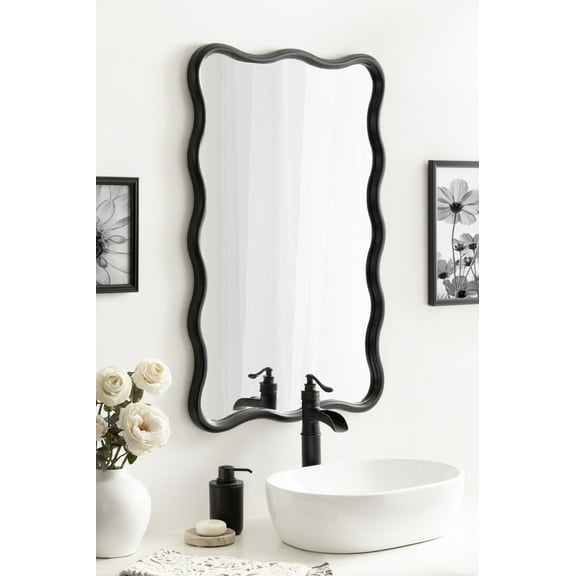 Kate and Laurel Talma Modern Scalloped Rectangle Wall Mirror, 24 x 36, Black, Rectangular Wavy Mirror for Use as Bathroom Mirror for Over Sink or Cute Nursery Mirror