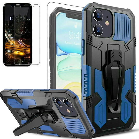 iPhone 12 Mini Case, Dual Layers [Combo Holster] And Built-In Kickstand Bundled with [Temerped Glass Screen Protector] Hybird Shockproof (Black)