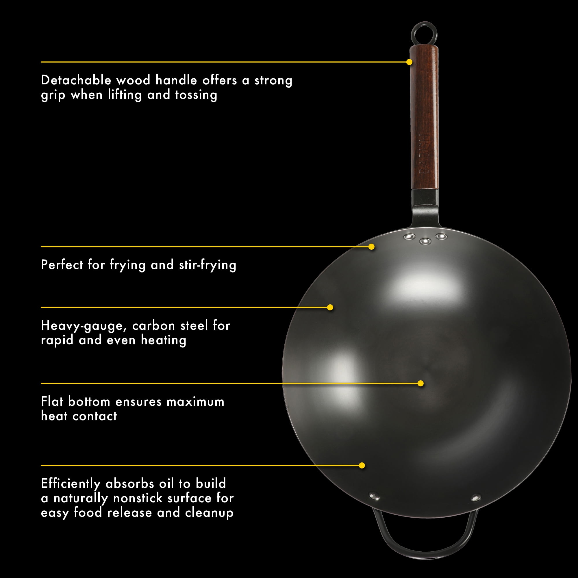 Babish 13-Inch Carbon Steel Wok with Detachable Wood Handle