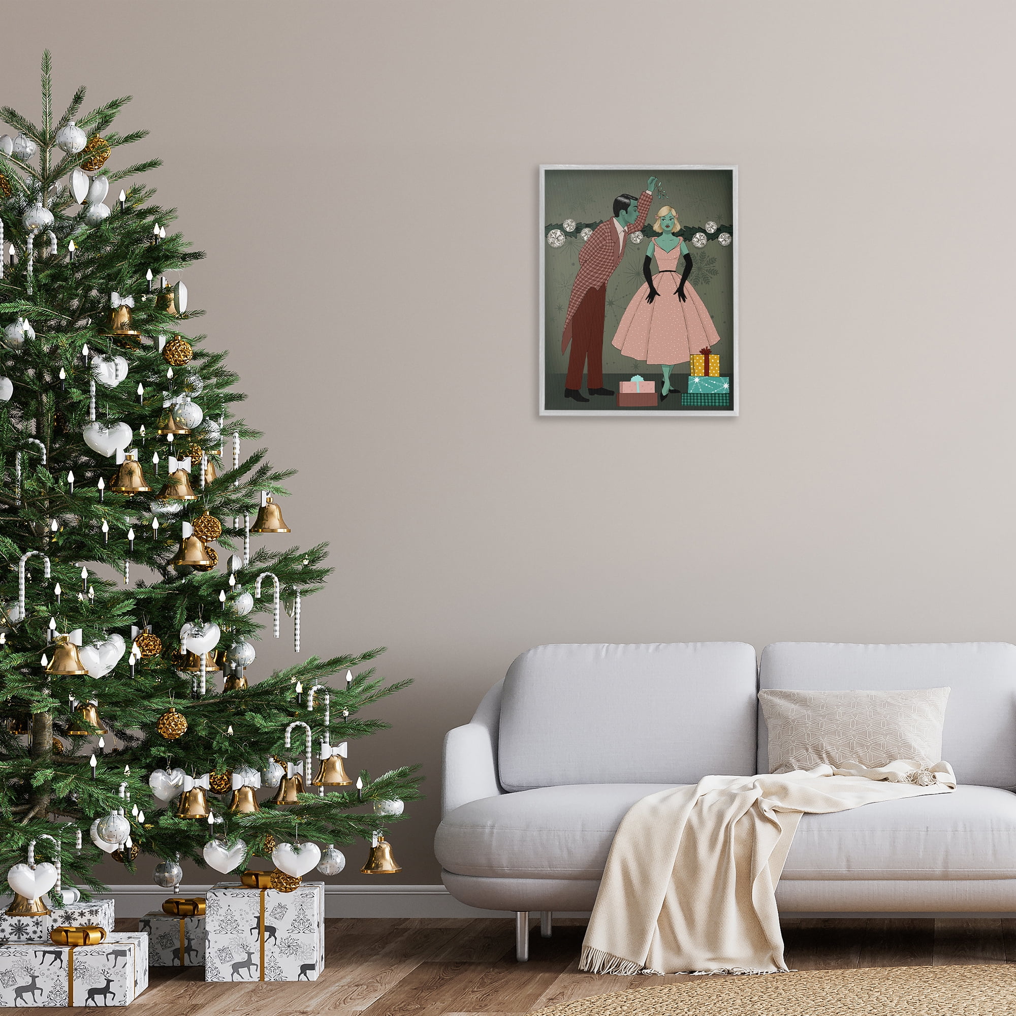 Stupell Industries Romantic Christmas Kiss Holiday Painting Gray Framed Art Print Wall Art, 24 x 30