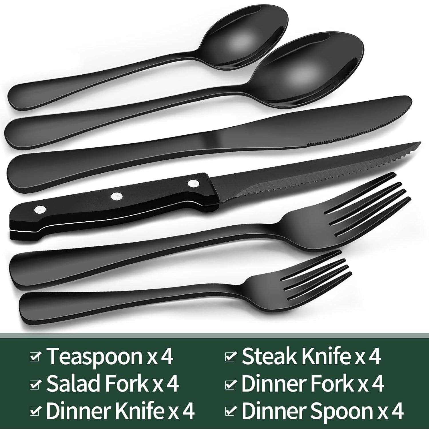 24-Pieces Black Silverware Set with Steak Knives, AOKIWO Black Flatware Set for 4, Food-Grade Stainless Steel Tableware Cutlery Set, Mirror Finished Utensil Sets for Kitchen Restaurant