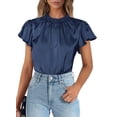 thumbnail image 1 of Blusa PRETTYGARDEN Satín con Volantes y Manga Corta Azul Marino M, 1 of 6
