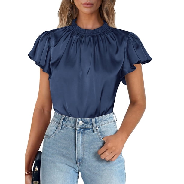 Blusa de Mujer PRETTYGARDEN Satín con Volantes Manga Corta Azul Marino Talla L