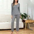 thumbnail image 2 of Kilaqueen Pj Sets for Woman V Neck Pleated Front Long Sleeve and Long Pants Solid Color Soft Comfy Ruffled Hem Pajamas Sets, 2 of 8