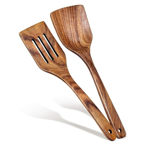 2 Pcs Wooden Spatula Set for Cooking Non Toxic Teak Kitchen Utensils Slotted Pancake Turner Flat Wood Wok Spatulas Bamboo Spoon for Cooking Utensil Set Spurtle Scraper Black Fish Egg Flipper Spatula