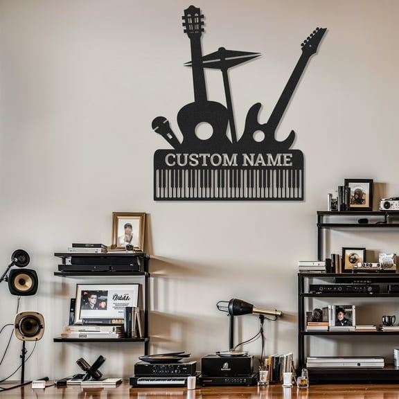 KAINSY Personalized Music Metal Sign, Black Metal Musical Instruments Wall Art, Music Room Decor, Custom Name Guitar Sign for Living Room Studio Bedroom Party Decor, Ideal Gift for Musicians Color09