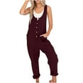 thumbnail image 2 of Women's Casual Tank Top Jumpsuit Summer Button Down Harem Leg Jumper with Pocket Loose Roll-Up Pants Athletic Overalls, Wine, S, 2 of 7