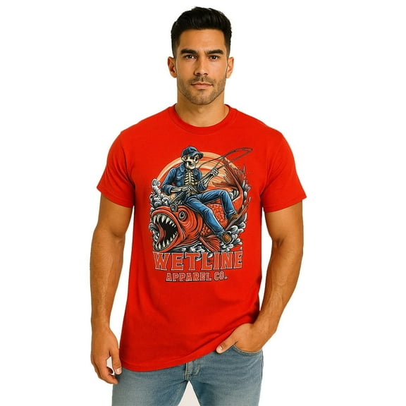 Wetline Apparel Co Red Fish & Skeleton Men's Graphic T-Shirt, Fishing Wear Heavy Cotton Short Sleeves Tee, S-5XL