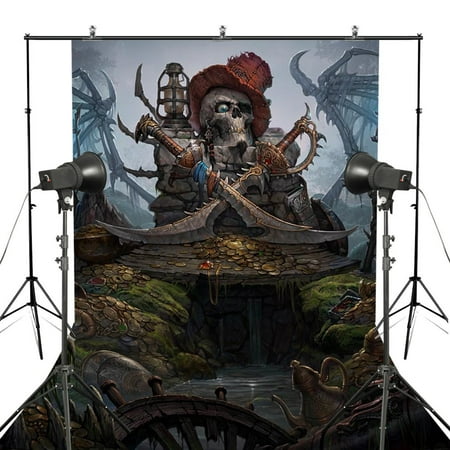 HelloDecor Polyester Fabric 7x5ft Gloomy Halloween Background Thriller Pirate Skull Photography Backdrops