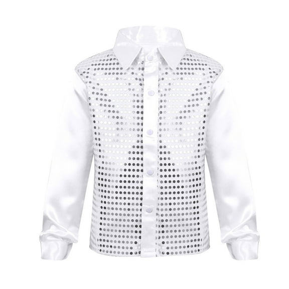 YiZYiF Kids Boys Long Sleeve Tops Shiny Sequined Shirt Jazz Dance Costume