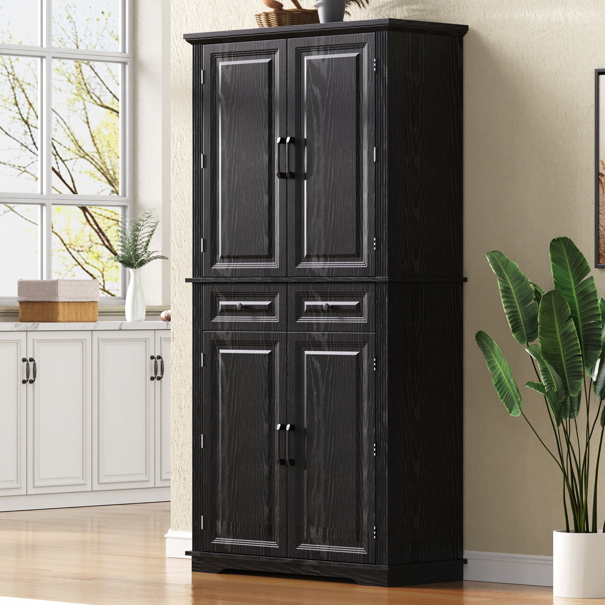 Mintazer 71" Tall Farmhouse Pantry Cabinet with Adjustable Shelves & 6 Door Shelves, Freestanding Storage Cabinet with 2 Drawers & 3 Pull-Out Organizers for Kitchen Dining Room Living Room, Black