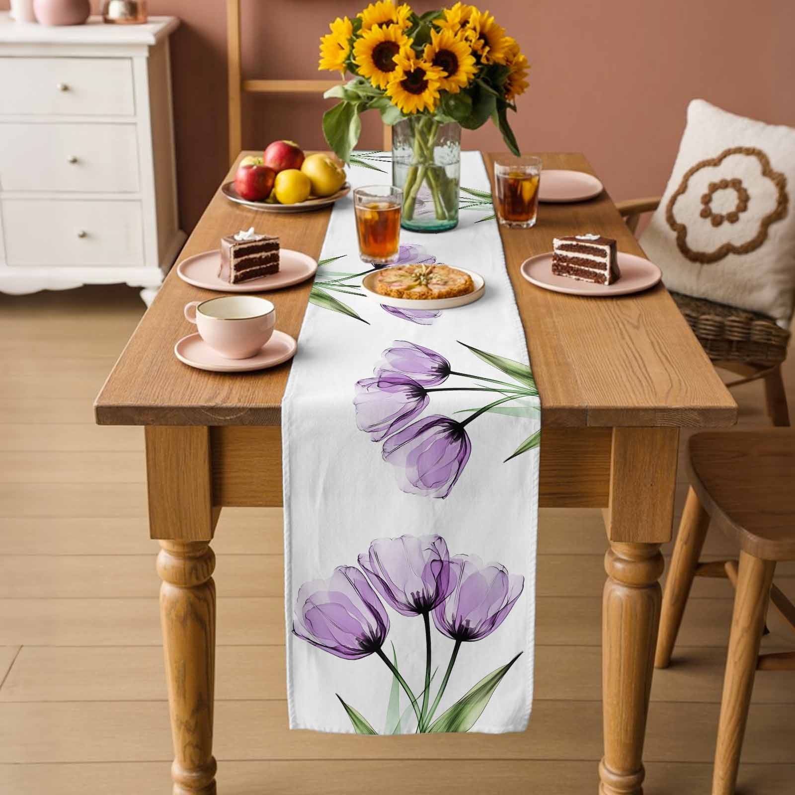 Purple Tulip Table Runner, Modern Blossom Pastel White Floral Petal Washable Cotton Linen Table Runners 108 Inches Long, Dresser Scarf Runner for Dining/Living Room/Kitchen/Square Tables 13''x108''