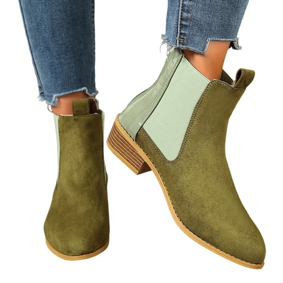EKVAHL Women's Slip On Chelsea Ankle Booties, Faux Suede Low Block Heel Short Boots, Elastic Gore Fall Winter Office Daily Casual Boots Green