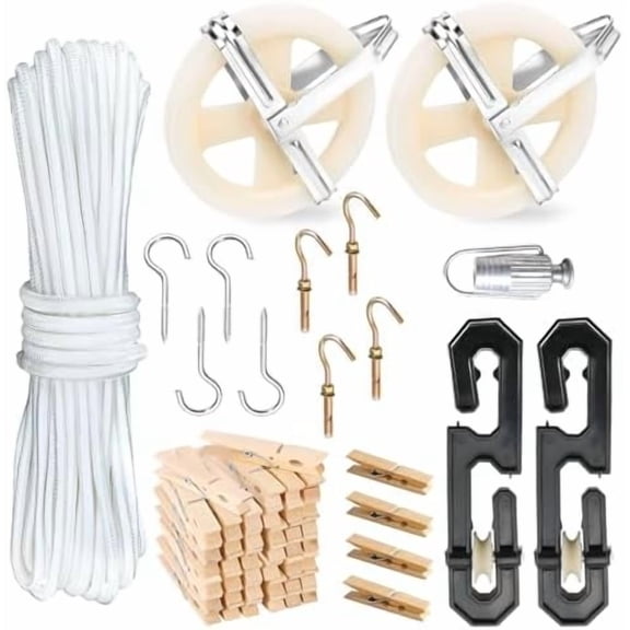 Clothes Line Outdoors, Clothes Line Pulley Kit Include 164ft Polyester Ropes, Clothesline S-Separators, Clothesline Tightener and Clothespins