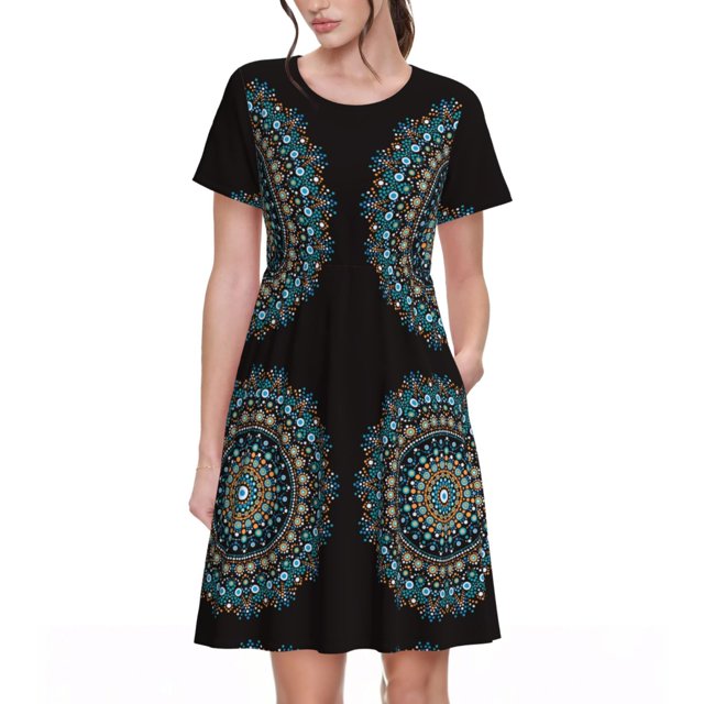 Disketp Mandala para Vestido de Manga Corta para Mujeres, Vestidos de Verano para Mujeres, Casual y Holgado para la Playa