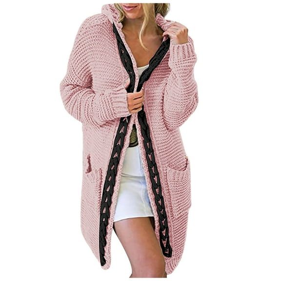 skpabo Women's Knitted Cardigans Open Front Hooded Sweaters Long Cardigans Jumpers with Pockets Ladies Long Sleeve Knitwear Oversized Sweater Outerwear for Autumn Winter Spring