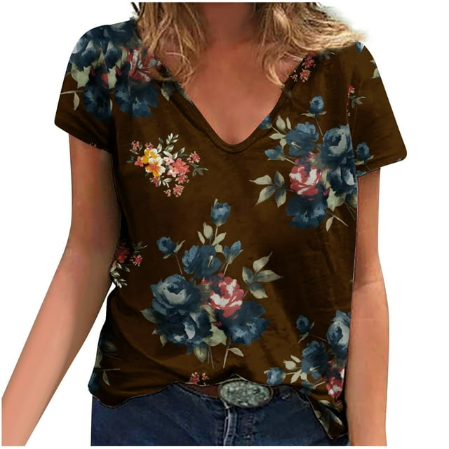 Camisetas con estampado floral con cuello en V para mujer Blusas femeninas cómodas a la moda Tops OAVQHLG3B Store lin121212
