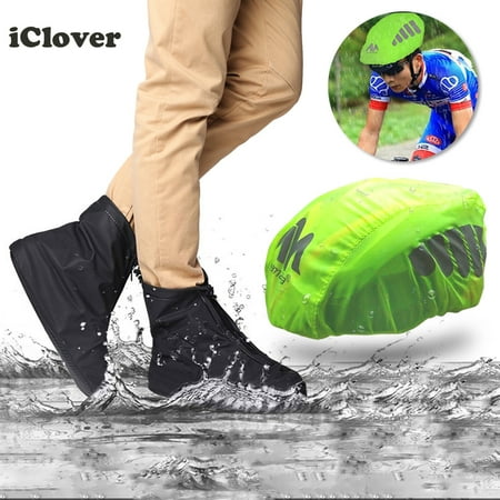 Waterproof Bike Bicycle Helmet Cover Rain Cover Night Visual High Visibility IClover + Waterproof Rainproof 11.8inch/US 10.5 Shoe Covers Rain Boots Overshoes Protector PVC Fabric