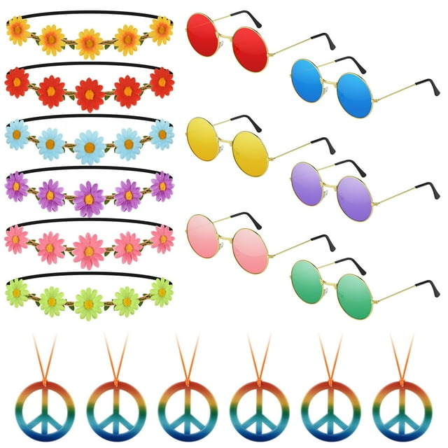 Set de accesorios para disfraz hippie NEBURORA años 60 y 70, 18 piezas