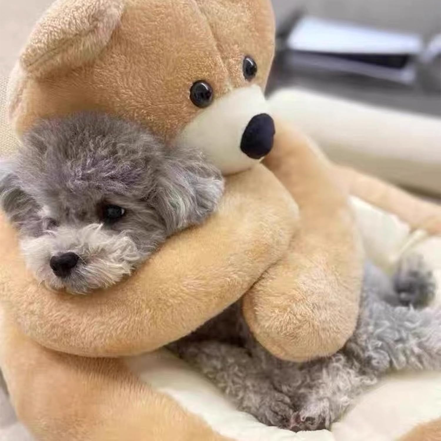 Teddy Bear Dog Bed, Pet Sleeping Mat, Teddy Bear Dog Bed with Hugging Arms, Bear Hug Cuddler - Plush Cat & Dog Beds, Anti-Slip Bottom, Cozy Fluffy Puppy Bed for Indoor Dogs
