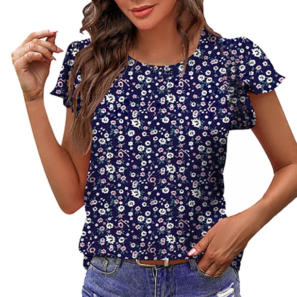 Gibobby Playera de Verano para Mujer Camisa casual manga corta plisada con cuello redondo para mujer(Azul,M)