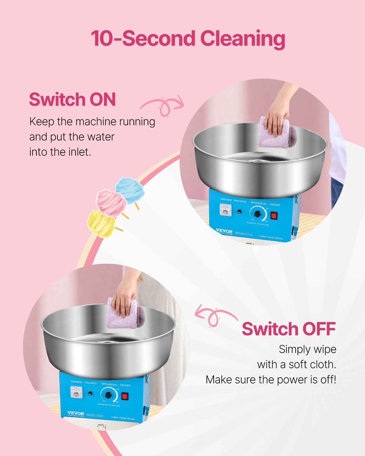 VEVOR Electric Cotton Candy Machine, 1000W Commercial Candy Floss Maker with 20.5 in Stainless Steel Bowl, Sugar Scoop, and Drawer, Easy Home Use, Perfect for Kids Birthday, Family Party, Blue