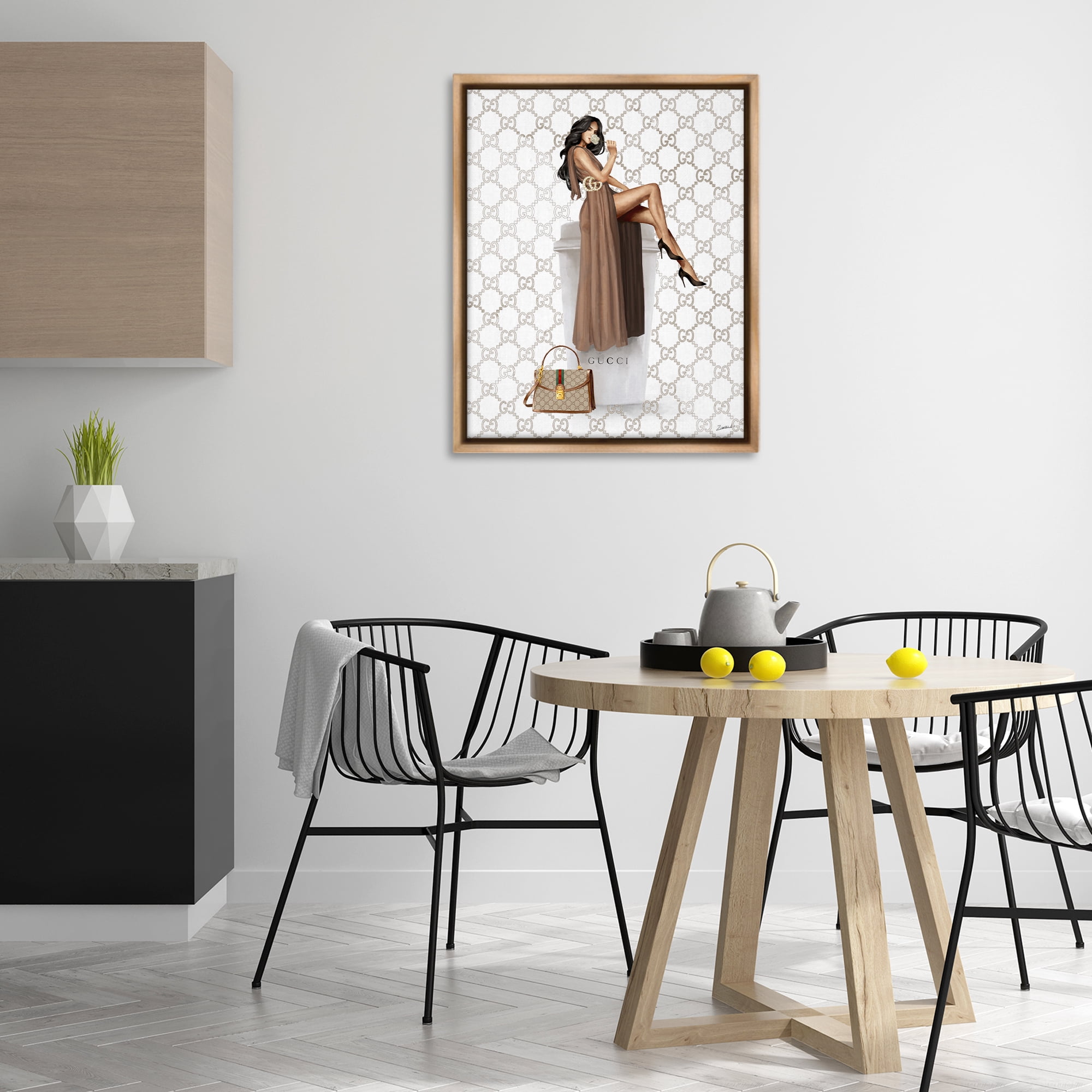 Stupell Industries Chic Woman & Coffee Beauty & Fashion Painting Brown Floater Framed Art Print Wall Art, 25 x 31