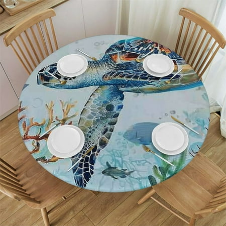 

Qlo0ole Coastal Turtle Round Tablecloth Fitted Table Cover Elastic Tablecloths Waterproof Outdoor Indoor Stretch Cloth Tablecover for Dinner Party Shower Nautical Vintage Coastal Summer 54-58