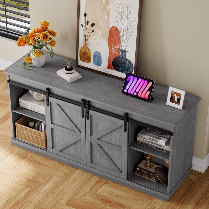 Furmax 65 inch TV Stand Entertainment Center with Sliding Barn Doors and Storage,Gary