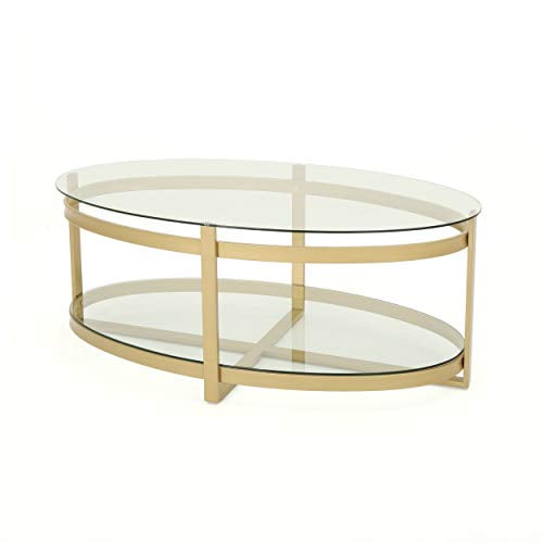 Christopher Knight Home Table Basse en Verre Trempé Ronde Moderne Finition Laiton, Clair
