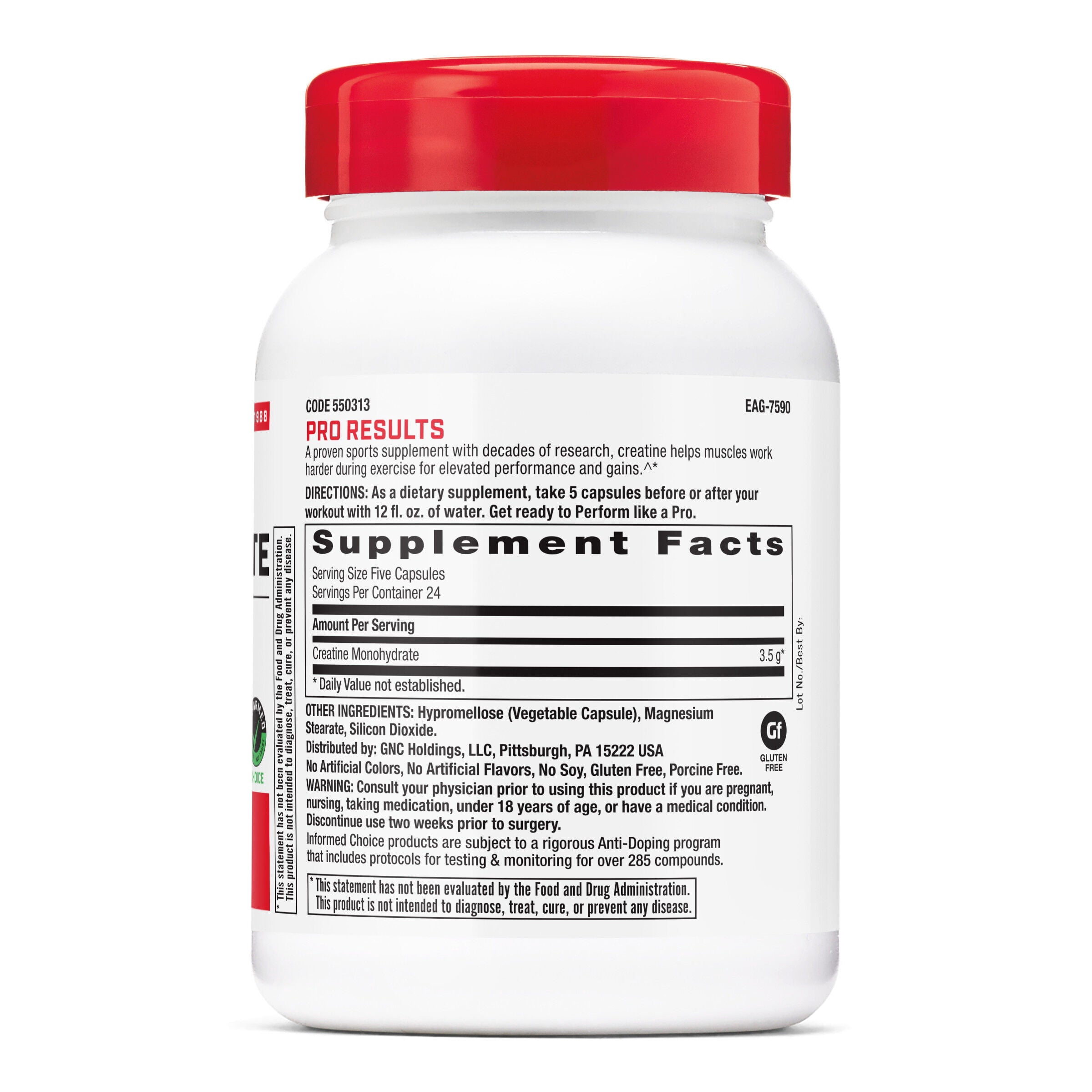 GNC Pro Performance Creatine Monohydrate, Improves Muscle Building, Endurance, Performance, 3.5g, 120 Capsules